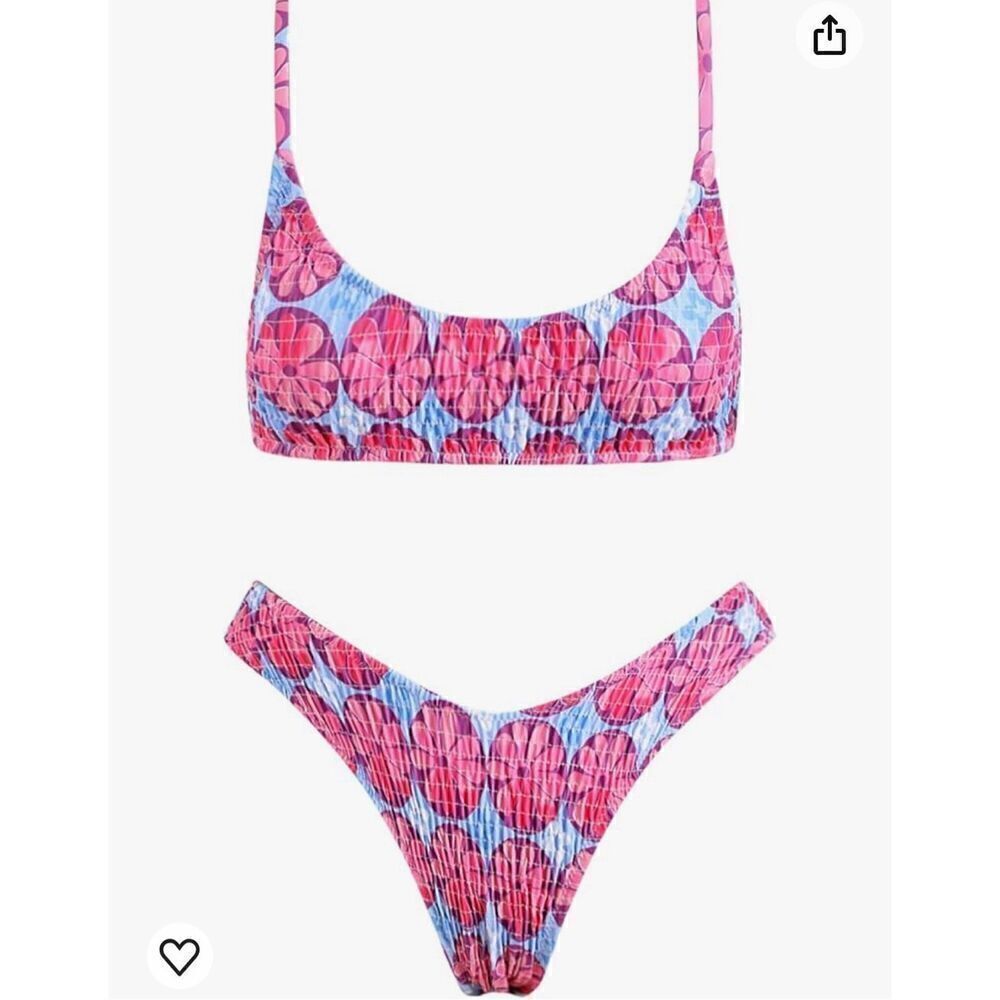 VOLAFA Women's Triangle Bikini Set Smocked Textured Scoop Frilled Print